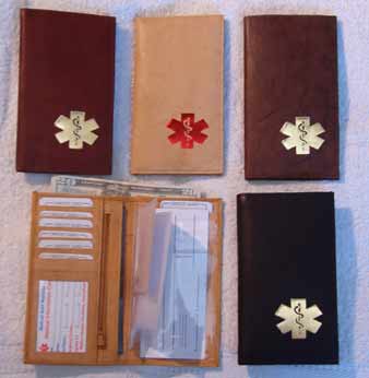 Medical Alert Wallets, Deluxe Checkbook leather Medical wallets, 4 colors shown