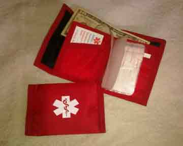 Medical Alert Wallets, Nylon Sports bi-fold Medical Wallet with clear card slots, red wallet shown.