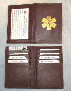 Medical Alert Walelts, Credit Card ID brown leather bi-fold Medical wallet with gold symbol photo