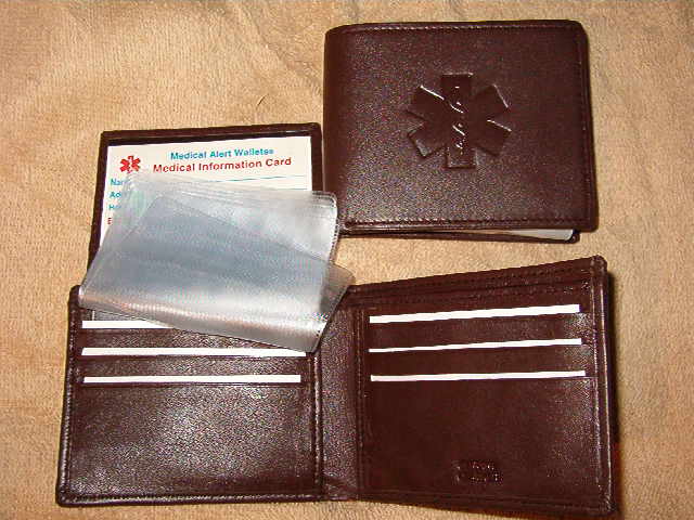 Medical Alert Wallets bi-fold dark brown Leather Medical Wallet with flip ID