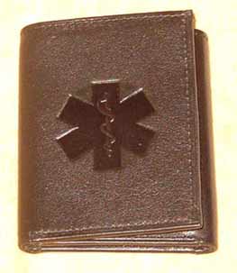 Medical Alert Wallets, Tri-fod dark brown leather Medical wallet, picture  lightened up a little