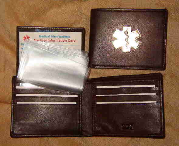 Medical Alert Wallets, Bi-fold brown leather wallet with flip ID & gold symbol