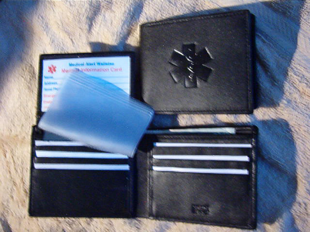 Medical Alerrt Wallets, Bi-fold black leather Medical wallet with flip ID
